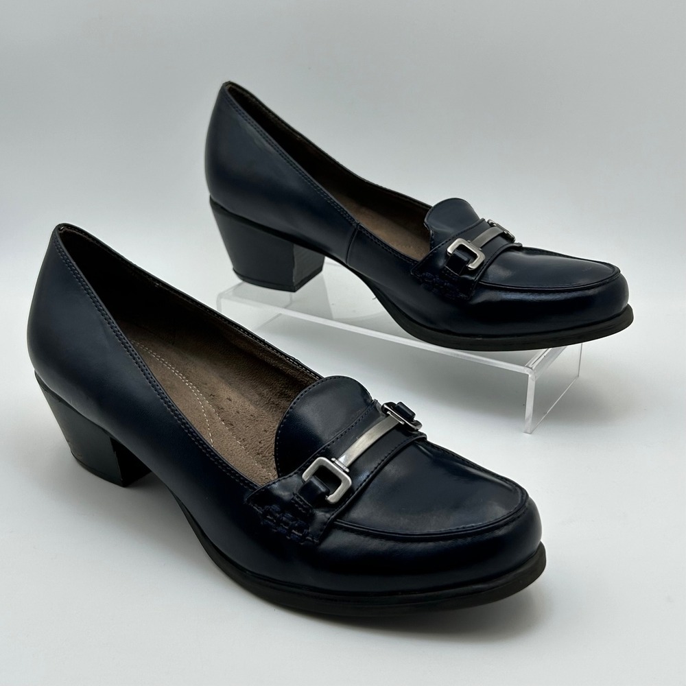 Natural Soul Keith Loafers Womens 9W Navy Blue Bit Detail Block Heel Officecore